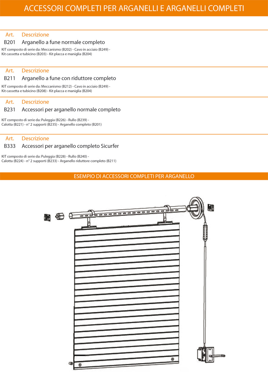 Accessori completi per arganelli e arganelli completi